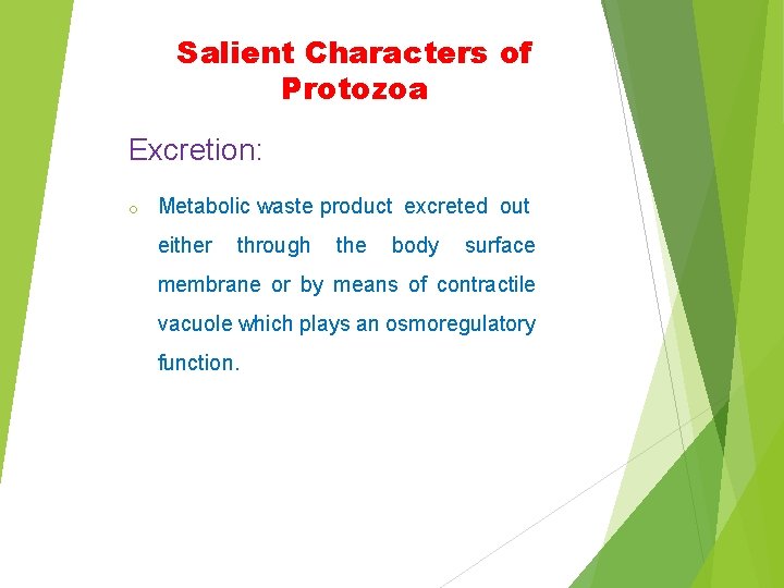 Salient Characters of Protozoa Excretion: o Metabolic waste product excreted out either through the