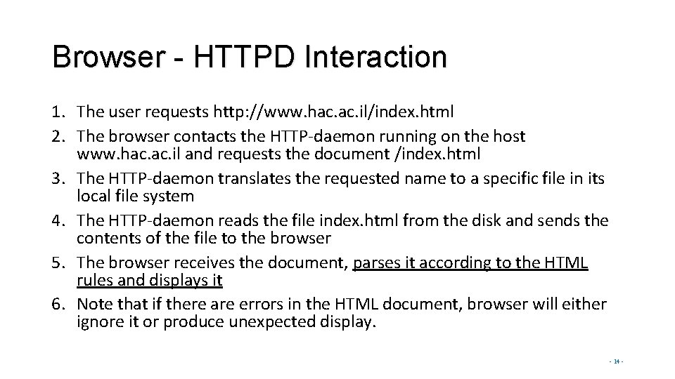 Browser - HTTPD Interaction 1. The user requests http: //www. hac. il/index. html 2.