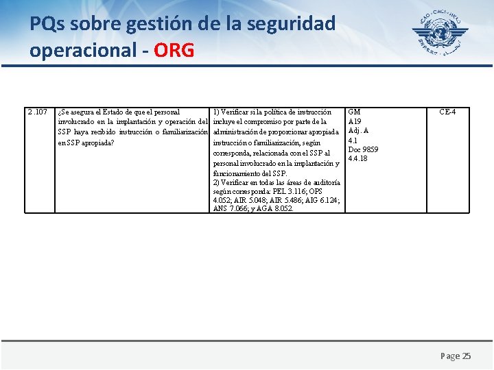 PQs sobre gestión de la seguridad operacional - ORG 2. 107 ¿Se asegura el