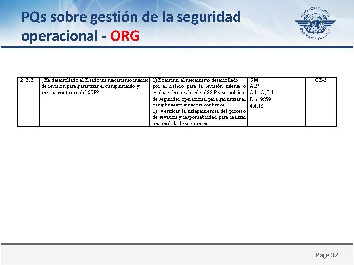 PQs sobre gestión de la seguridad operacional - ORG 2. 313 ¿Ha desarrollado el