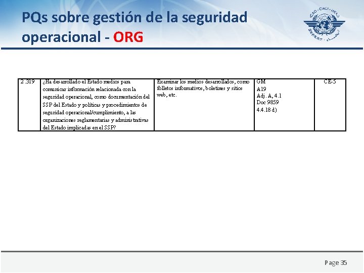 PQs sobre gestión de la seguridad operacional - ORG 2. 319 ¿Ha desarrollado el
