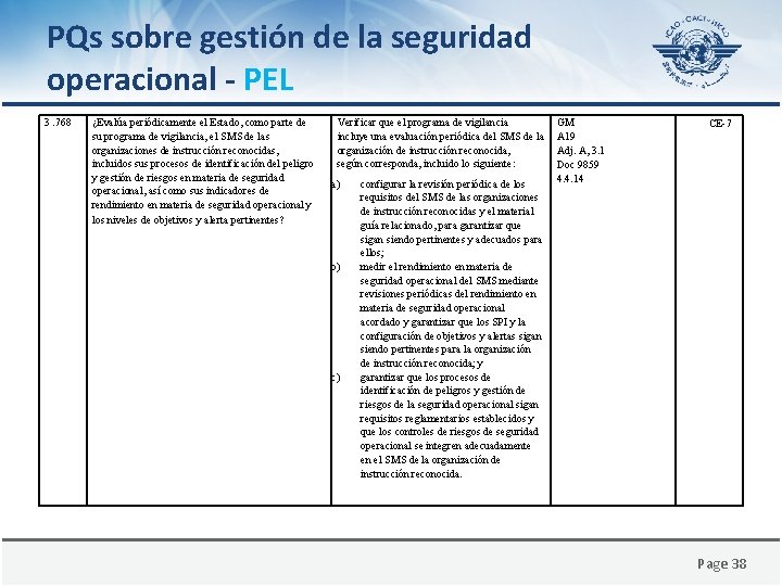 PQs sobre gestión de la seguridad operacional - PEL 3. 768 ¿Evalúa periódicamente el