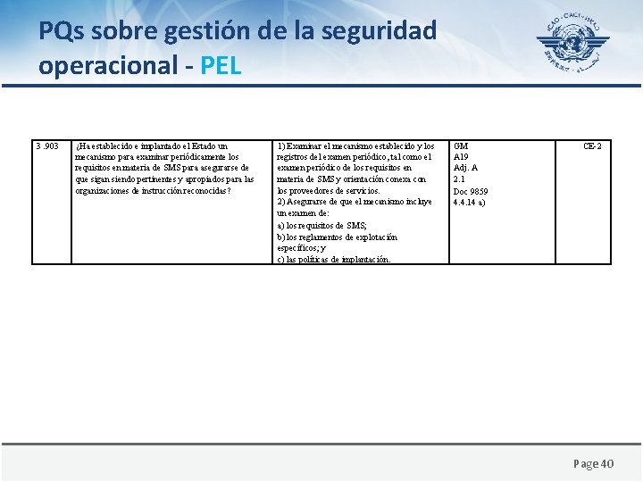 PQs sobre gestión de la seguridad operacional - PEL 3. 903 ¿Ha establecido e