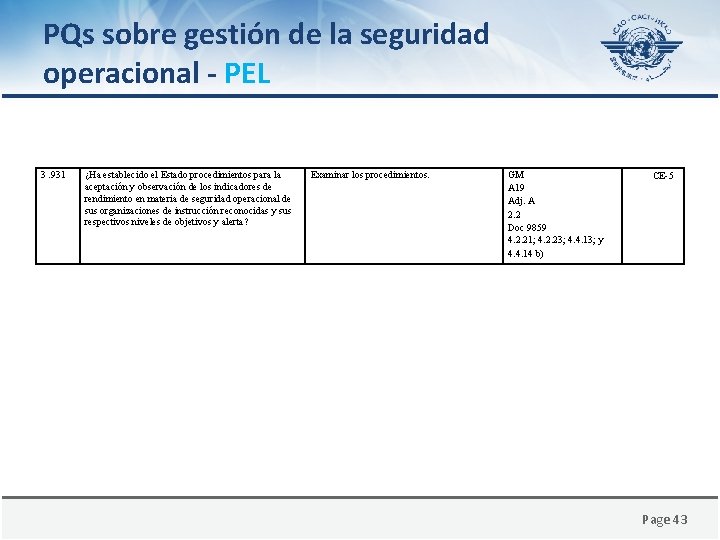 PQs sobre gestión de la seguridad operacional - PEL 3. 931 ¿Ha establecido el