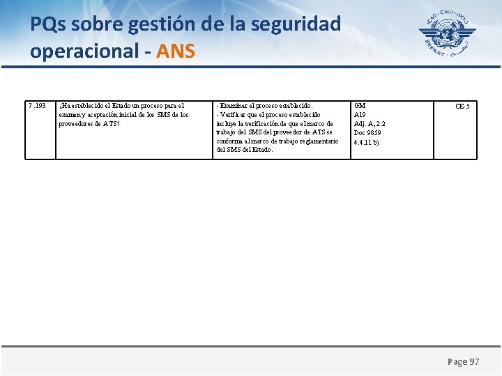 PQs sobre gestión de la seguridad operacional - ANS 7. 193 ¿Ha establecido el