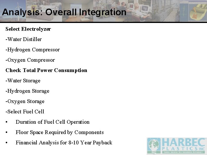 Analysis: Overall Integration Select Electrolyzer -Water Distiller -Hydrogen Compressor -Oxygen Compressor Check Total Power