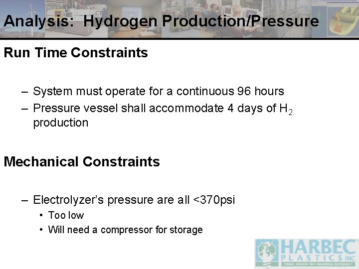 Analysis: Hydrogen Production/Pressure Run Time Constraints – System must operate for a continuous 96