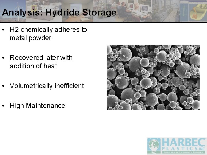 Analysis: Hydride Storage • H 2 chemically adheres to metal powder • Recovered later