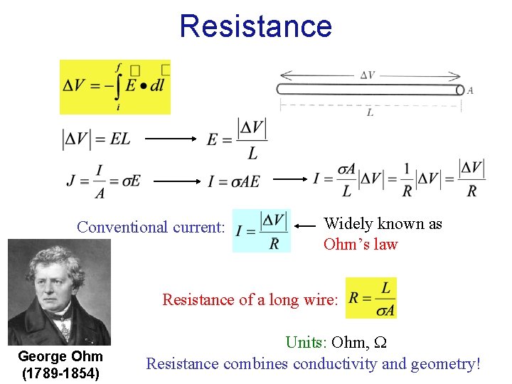 Resistance Conventional current: Widely known as Ohm’s law Resistance of a long wire: George