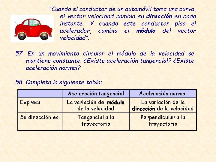 “Cuando el conductor de un automóvil toma una curva, el vector velocidad cambia su