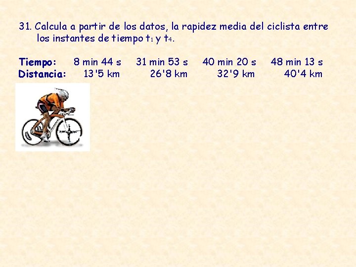 31. Calcula a partir de los datos, la rapidez media del ciclista entre los