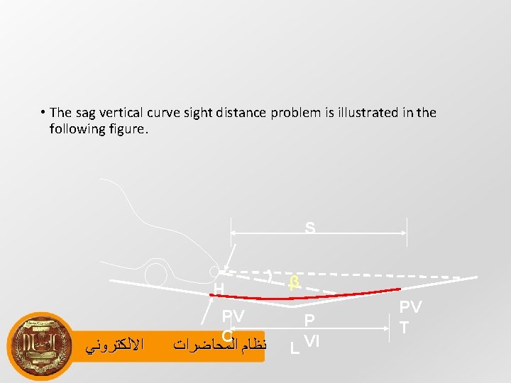  • The sag vertical curve sight distance problem is illustrated in the following