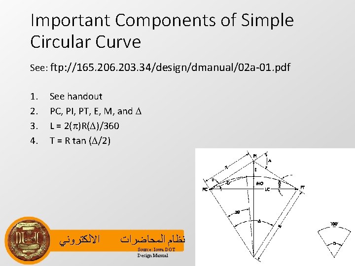Important Components of Simple Circular Curve See: ftp: //165. 206. 203. 34/design/dmanual/02 a-01. pdf