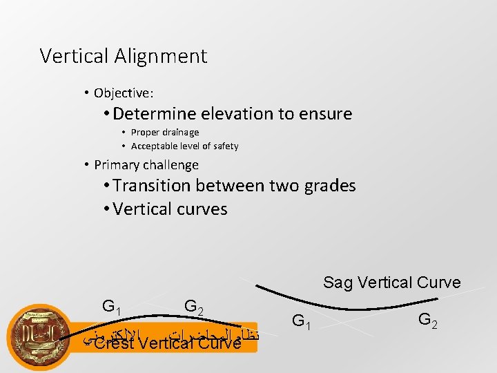 Vertical Alignment • Objective: • Determine elevation to ensure • Proper drainage • Acceptable
