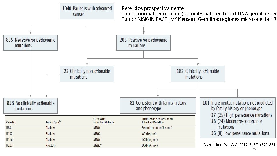 Referidos prospectivamente Tumor-normal sequencing (normal=matched blood DNA germline seq Tumor MSK-IMPACT (MSISensor). Germline: regiones