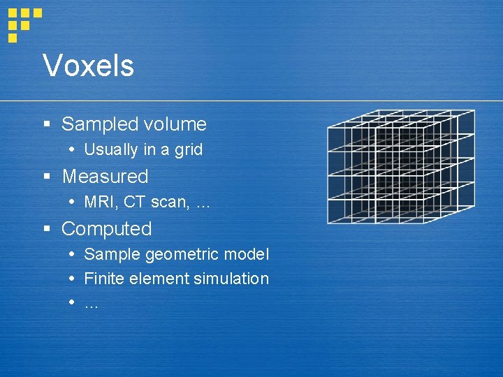 Voxels § Sampled volume Usually in a grid § Measured MRI, CT scan, …