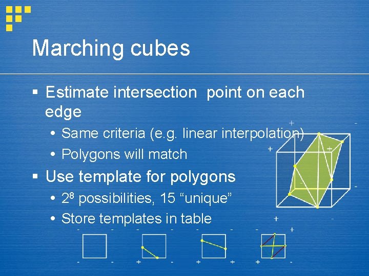 Marching cubes § Estimate intersection point on each edge Same criteria (e. g. linear