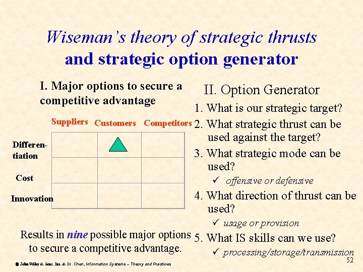 Wiseman’s theory of strategic thrusts and strategic option generator I. Major options to secure