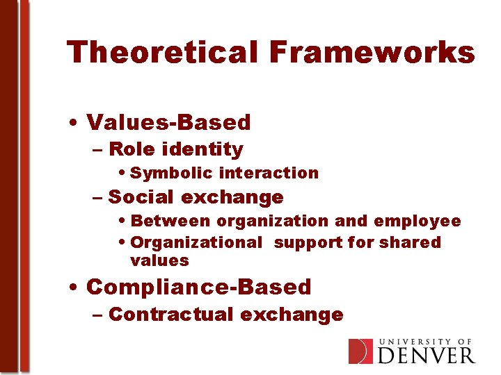 Theoretical Frameworks • Values-Based – Role identity • Symbolic interaction – Social exchange •