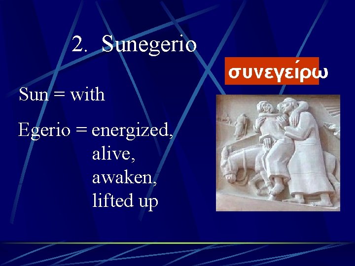 2. Sunegerio συνεγει ρω Sun = with Egerio = energized, alive, awaken, lifted up