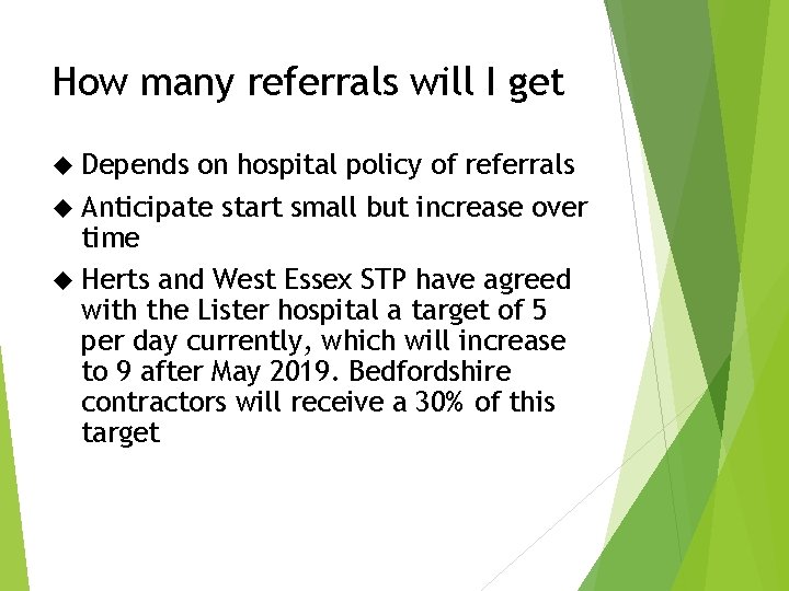 How many referrals will I get Depends on hospital policy of referrals Anticipate start How many referrals will I get Depends on hospital policy of referrals Anticipate start