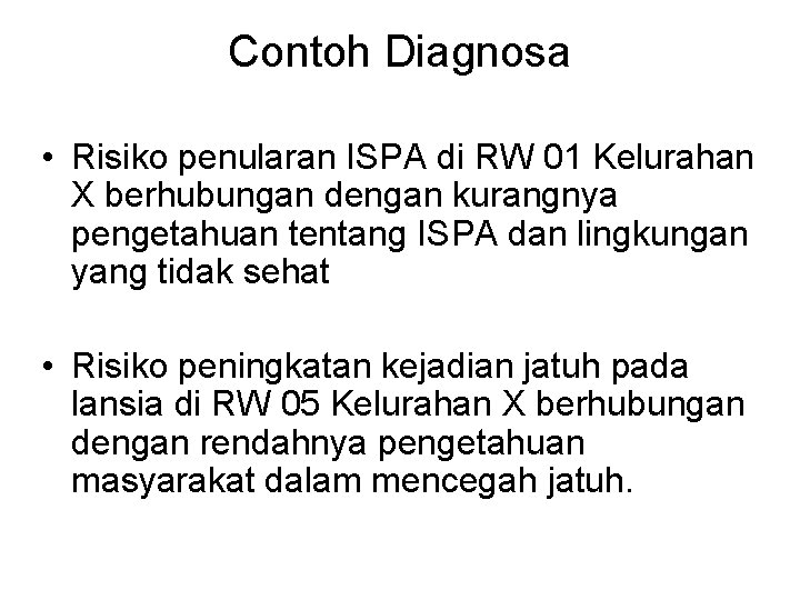 Contoh Diagnosa • Risiko penularan ISPA di RW 01 Kelurahan X berhubungan dengan kurangnya