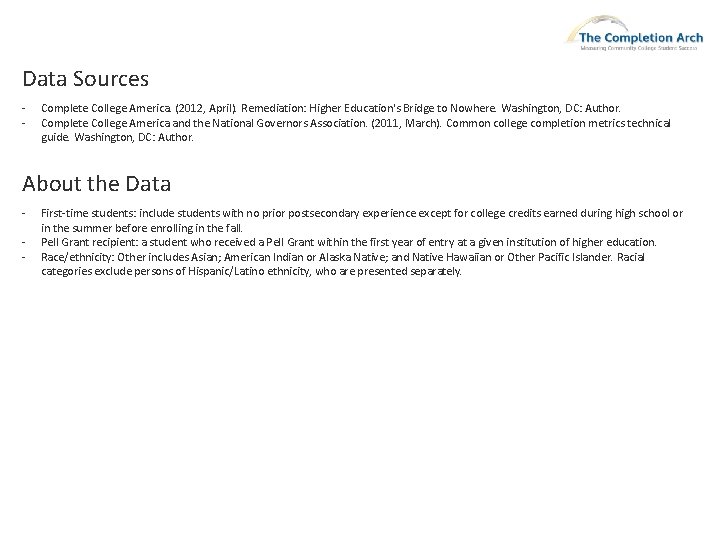 Data Sources - Complete College America. (2012, April). Remediation: Higher Education's Bridge to Nowhere.