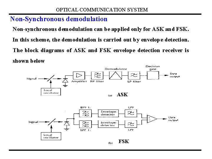 OPTICAL COMMUNICATION SYSTEM Non-Synchronous demodulation Non-synchronous demodulation can be applied only for ASK and