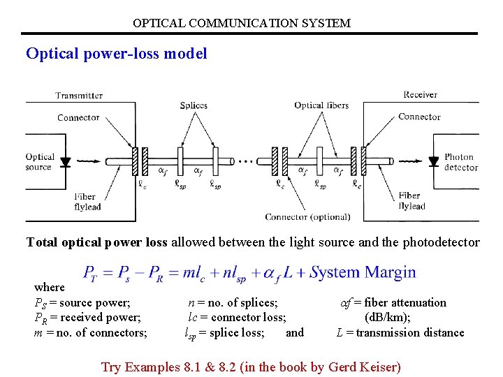 OPTICAL COMMUNICATION SYSTEM Optical power-loss model Total optical power loss allowed between the light