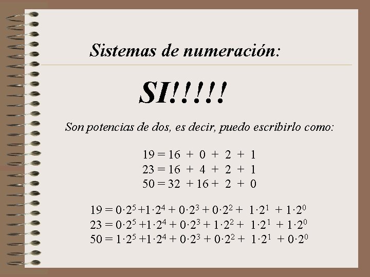 Sistemas de numeración: SI!!!!! Son potencias de dos, es decir, puedo escribirlo como: 19