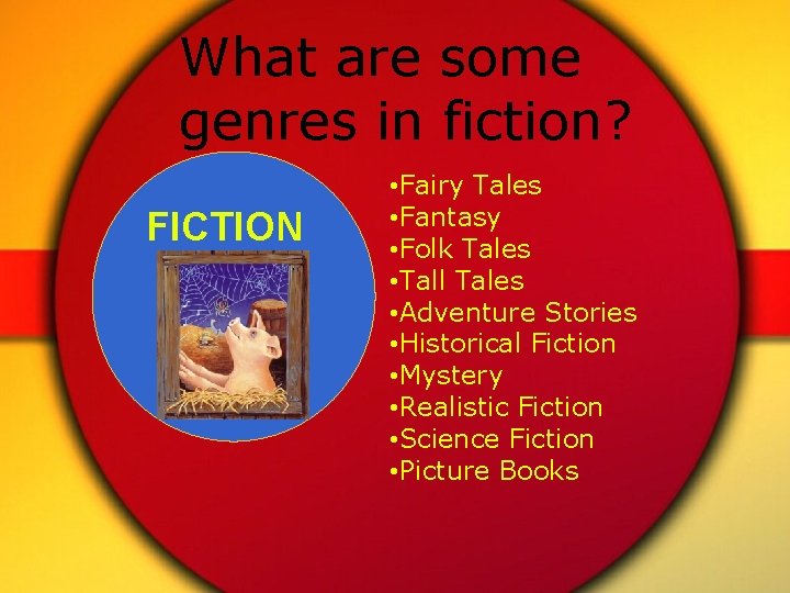 What are some genres in fiction? FICTION • Fairy Tales • Fantasy • Folk