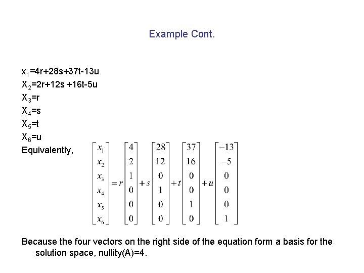 Example Cont. x 1=4 r+28 s+37 t-13 u X 2=2 r+12 s +16 t-5