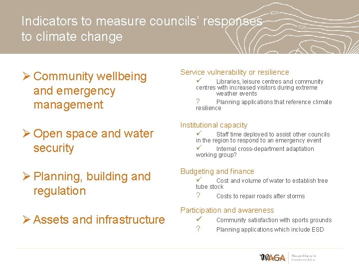 Indicators to measure councils’ responses to climate change Ø Community wellbeing and emergency management Indicators to measure councils’ responses to climate change Ø Community wellbeing and emergency management