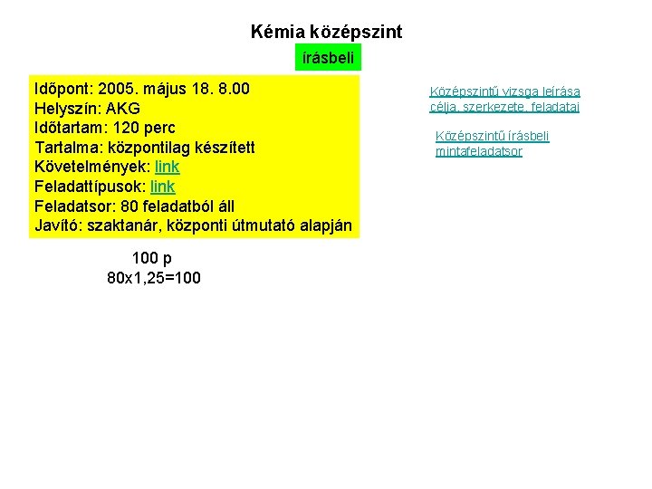 Kémia középszint írásbeli Időpont: 2005. május 18. 8. 00 Helyszín: AKG Időtartam: 120 perc