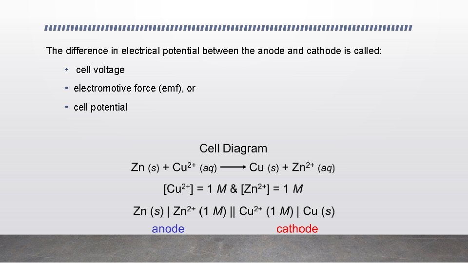 The difference in electrical potential between the anode and cathode is called: • cell