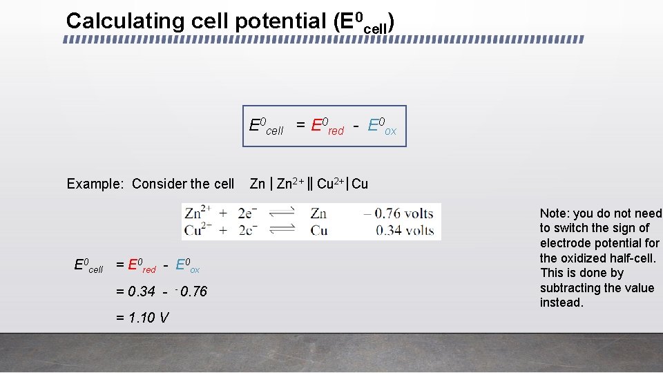 Calculating cell potential (E 0 cell) E 0 cell = E 0 red -