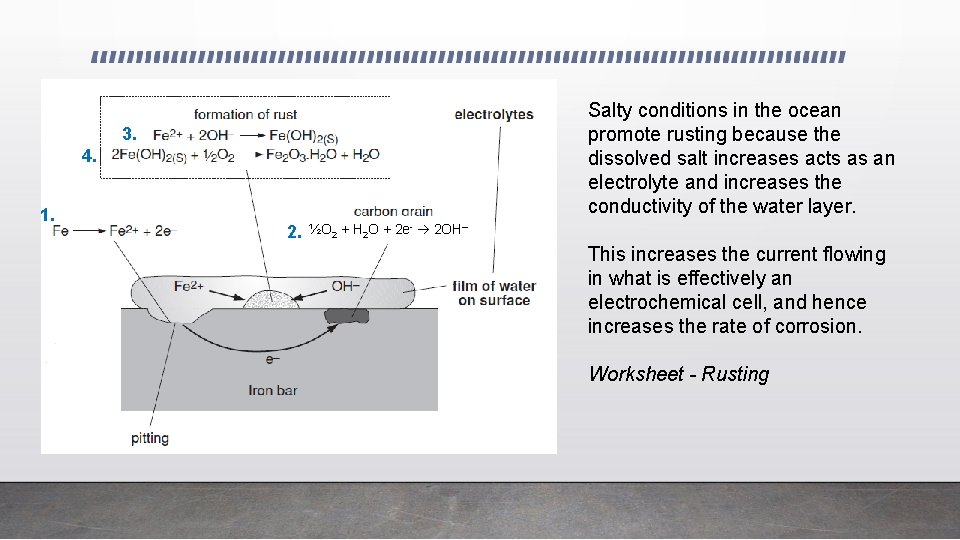 Salty conditions in the ocean promote rusting because the dissolved salt increases acts as
