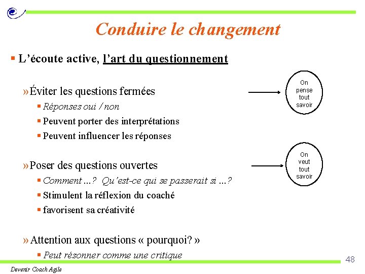 Conduire le changement § L’écoute active, l’art du questionnement » Éviter les questions fermées