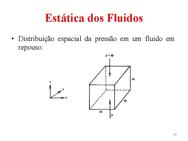 Estática dos Fluidos • Distribuição espacial da pressão em um fluido em repouso: 30