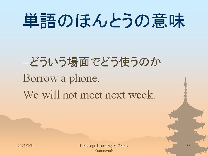 単語のほんとうの意味 – どういう場面でどう使うのか Borrow a phone. We will not meet next week. 2021/5/21 Language
