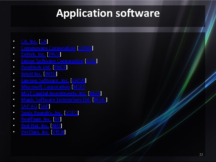 Application software • • • • CA, Inc. [CA] Compuware Corporation [CPWR] Deltek, Inc.