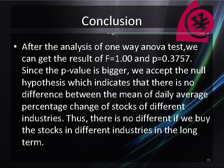 Conclusion • After the analysis of one way anova test, we can get the