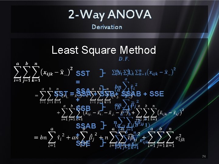 2 -Way ANOVA Derivation Least Square Method SST = SSA + SSB+ SSAB +