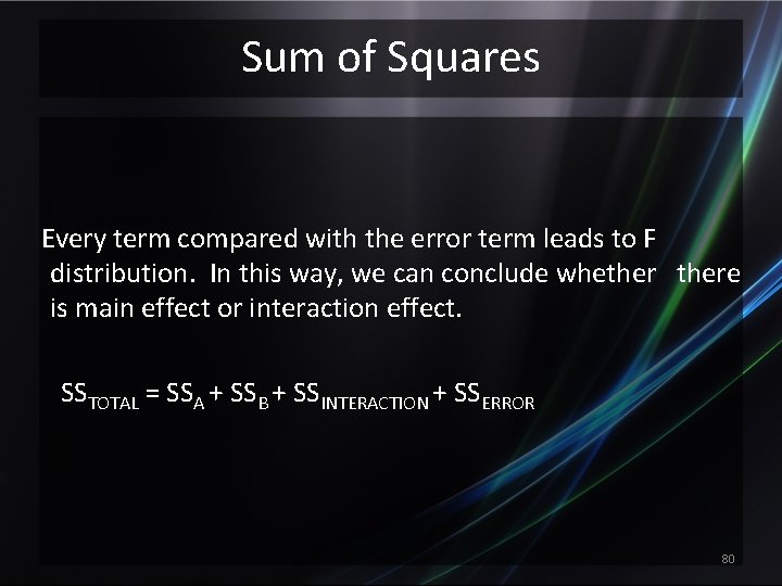 Sum of Squares Every term compared with the error term leads to F distribution.