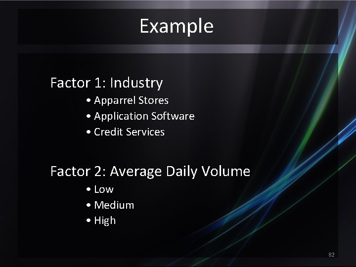 Example Factor 1: Industry • Apparrel Stores • Application Software • Credit Services Factor