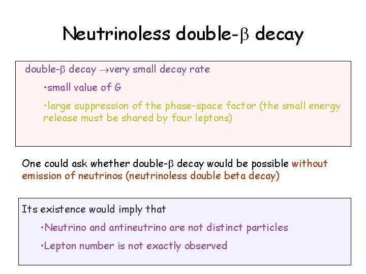 Neutrinoless double- decay very small decay rate • small value of G • large