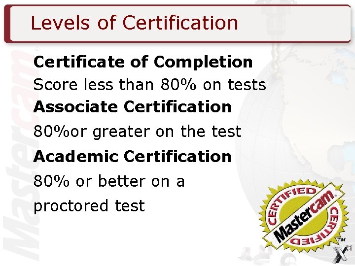 Levels of Certification Certificate of Completion Score less than 80% on tests Associate Certification