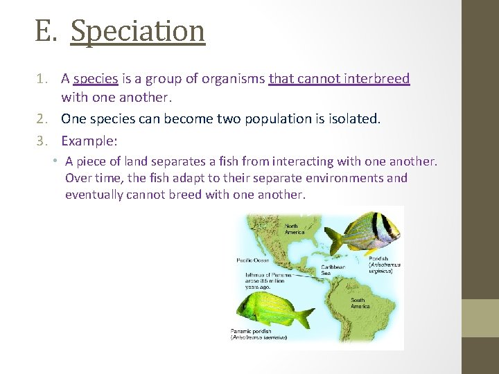 E. Speciation 1. A species is a group of organisms that cannot interbreed with