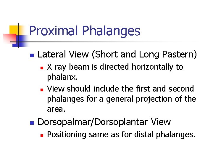 Proximal Phalanges n Lateral View (Short and Long Pastern) n n n X-ray beam