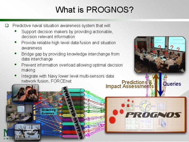 What is PROGNOS? q Predictive naval situation awareness system that will: • Support decision